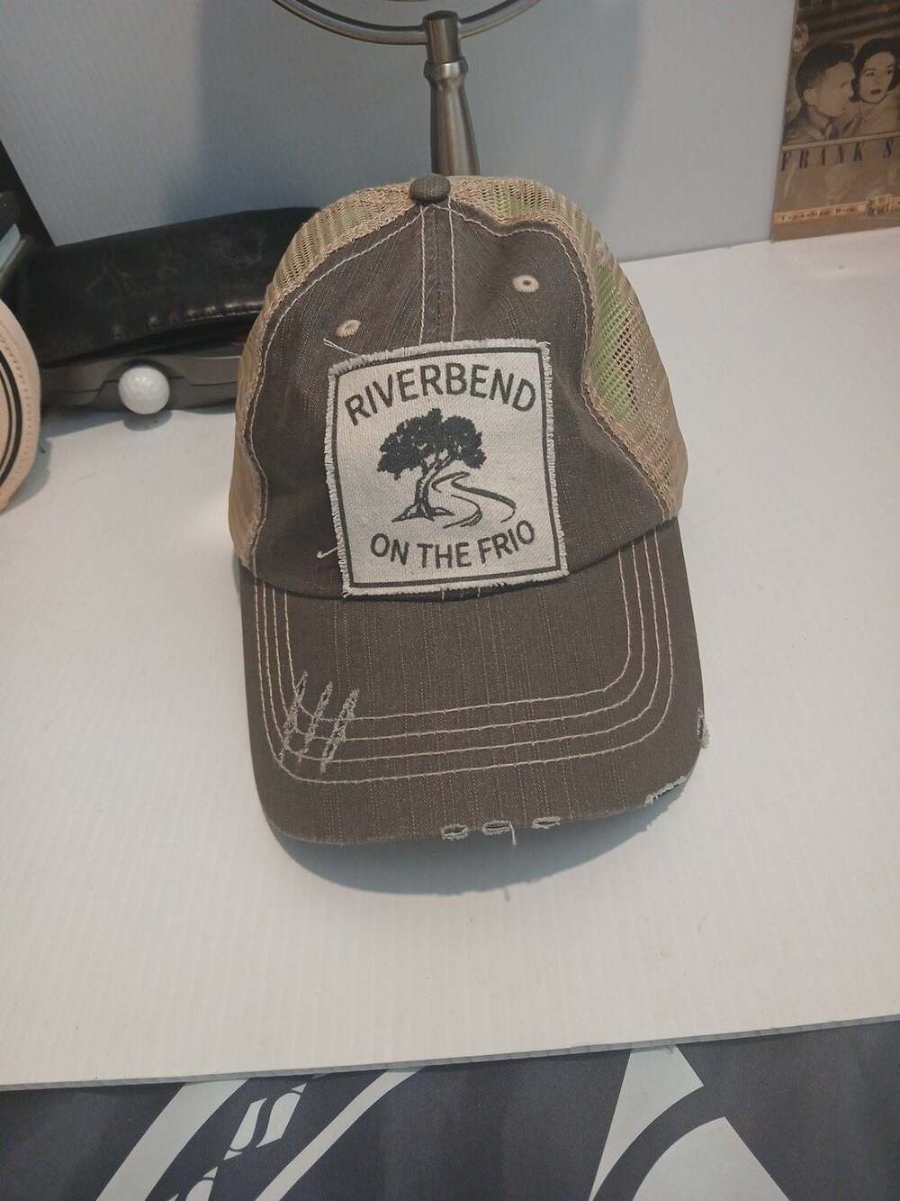 Riverbend On The Frio Trucker Hat Brown Tan Mesh Distressed Patch